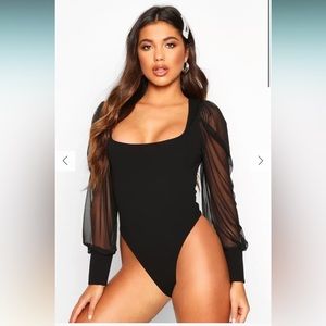 CREPE SQUARE NECK MESH SLEEVE BODYSUIT Boohoo